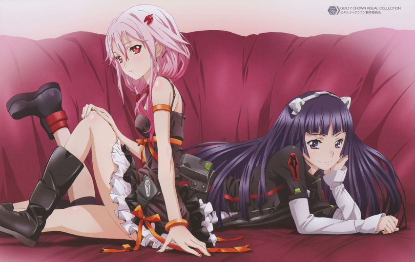 2girls absurdres bare_shoulders boots bracelet capri_pants dress gothic_lolita guilty_crown hair_ornament hairclip hand_on_own_cheek hand_on_own_face highres itagaki_atsushi jewelry katou_hiromi lolita_fashion long_hair looking_at_viewer lying multiple_girls on_stomach pants pink_hair purple_eyes purple_hair red_eyes robot_ears sitting smile tsugumi_(guilty_crown) yuzuriha_inori