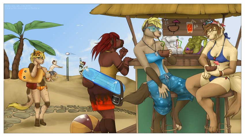 alliy beach bear blonde_hair blue_eyes breasts brown_eyes brown_hair canine cleavage clothed clothing corgi crocodile detailed_background detts dog drinks eyewear female glasses green_eyes green_hair group hair male polar_bear red_hair reptile ruru scalie seaside swimsuit tai