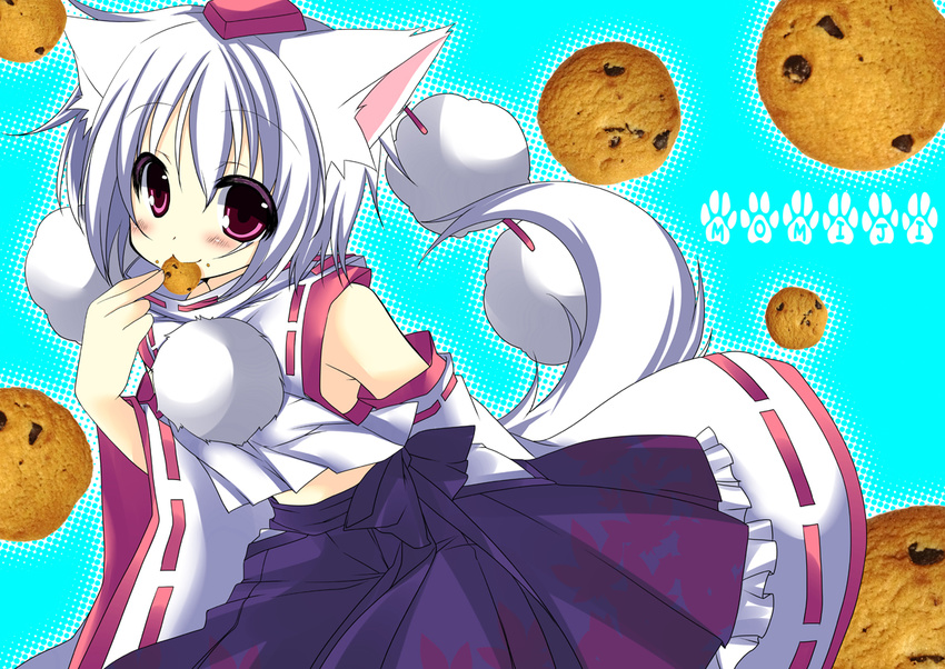 animal_ears blush character_name cookie detached_sleeves eating food hat hikanyan inubashiri_momiji looking_at_viewer paw_print polka_dot polka_dot_background pom_pom_(clothes) purple_eyes short_hair smile tail tokin_hat touhou white_hair wolf_ears wolf_tail