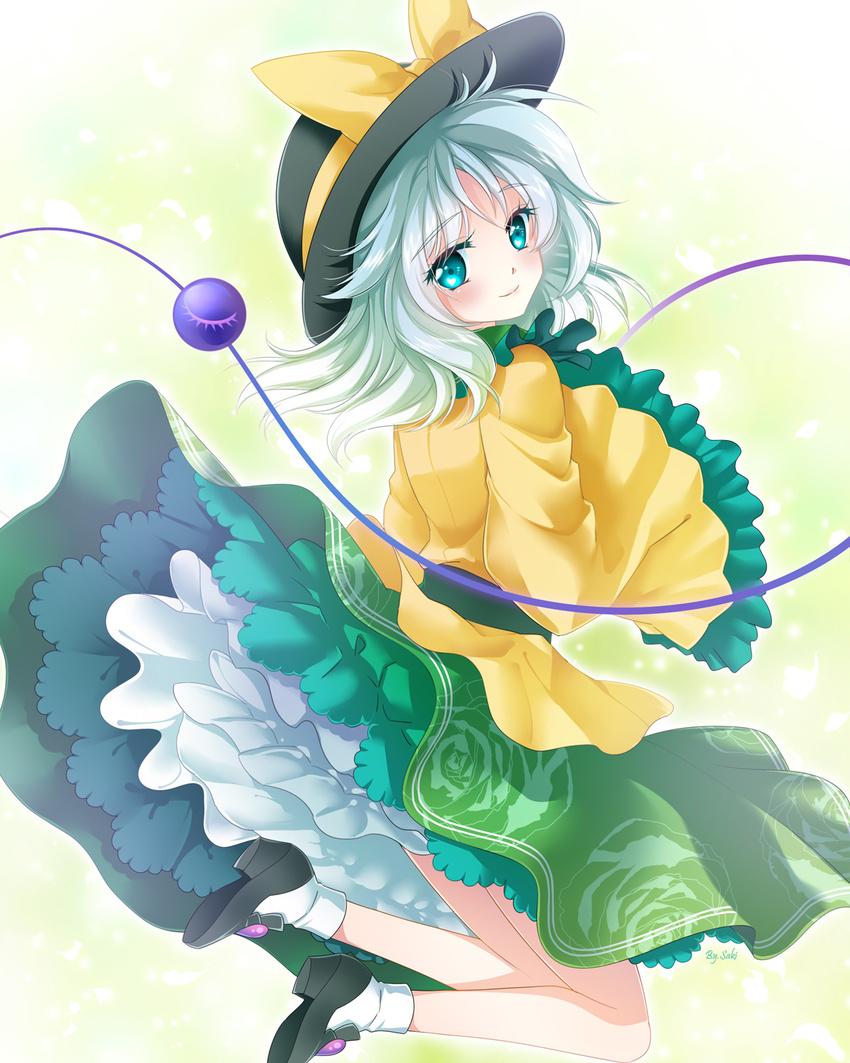 back belt blush eyeball floral_print green_background green_eyes green_hair hat hat_ribbon heart heart_of_string highres komeiji_koishi long_sleeves looking_back md5_mismatch petals ribbon sawaki shoes short_hair skirt smile solo third_eye touhou wide_sleeves