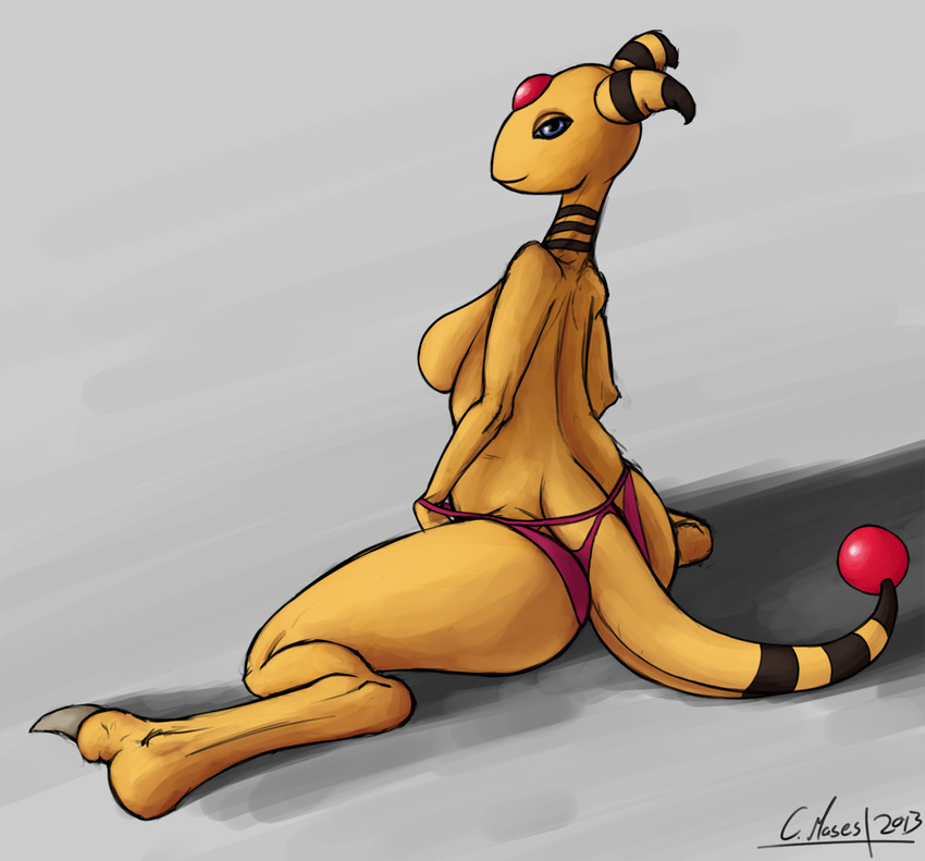 ampharos anthro bald barefoot black_eyes black_skin blue_eyes breasts butt claws clothed clothing female grey_background half-dressed happy hi_res horn looking_at_viewer looking_back luffsas nintendo nude orb plain_background pok&#233;mon pok&eacute;mon shadow shiny side_boob sitting smile solo spread_legs spreading thong toe_claws underwear unknown_artist video_games yellow_skin
