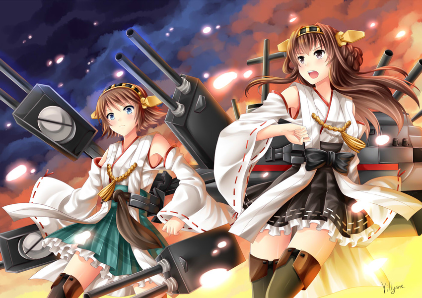 artist_name bare_shoulders battle blue_eyes blush boots brown_eyes brown_hair cannon detached_sleeves double_bun fire hair_ornament hairband headgear hiei_(kantai_collection) japanese_clothes kantai_collection kongou_(kantai_collection) long_hair multiple_girls nontraditional_miko open_mouth plaid ribbon-trimmed_sleeves ribbon_trim short_hair skirt smoke thigh_boots thighhighs turret villyane wide_sleeves zettai_ryouiki