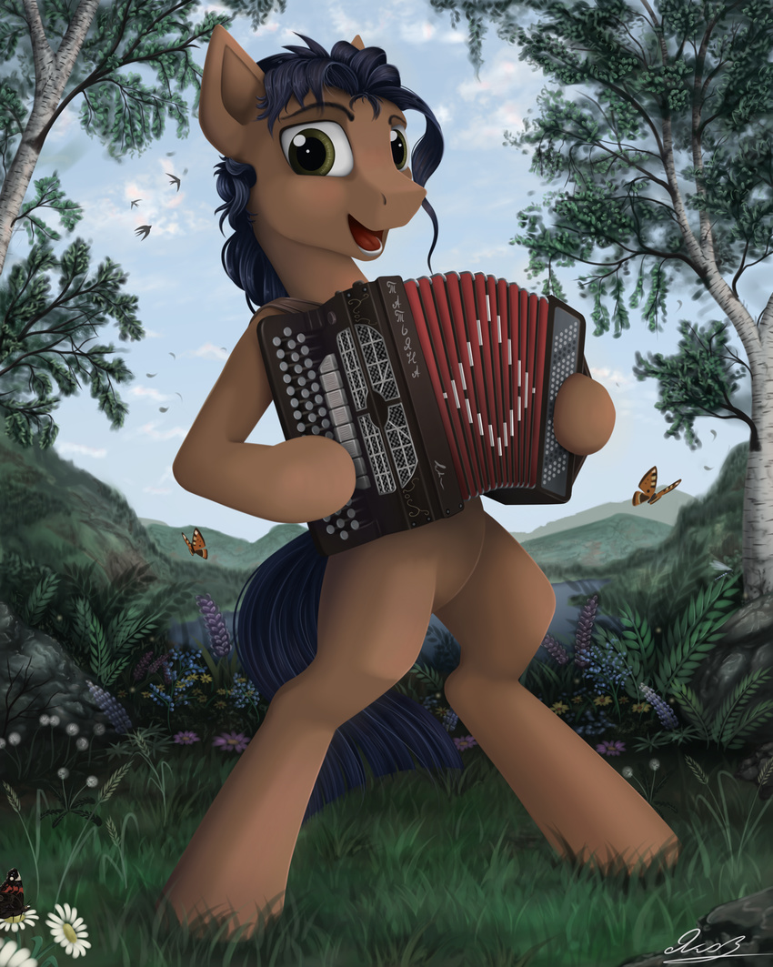 accordion ambiguous_gender arthropod butterfly equine flower grass horse insect instrument looking_at_viewer mammal musical_instrument my_little_pony open_mouth original_character outside pony scenery solo standing tree yakovlev-vad