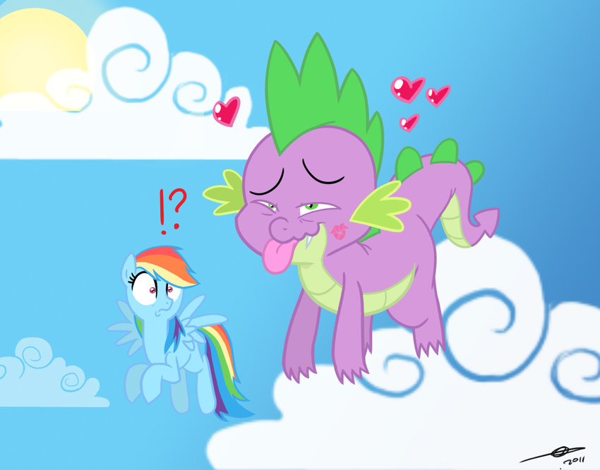 &lt;3 ?! cloud confused dragon duo equine fangs female feral floating flying friendship_is_magic green_eyes hair horse kiss_mark lipstick male mammal multi-colored_hair my_little_pony outside pegasus pony rainbow_dash_(mlp) rainbow_hair scalie sky spike_(mlp) sun thex-plotion tongue tongue_out wings
