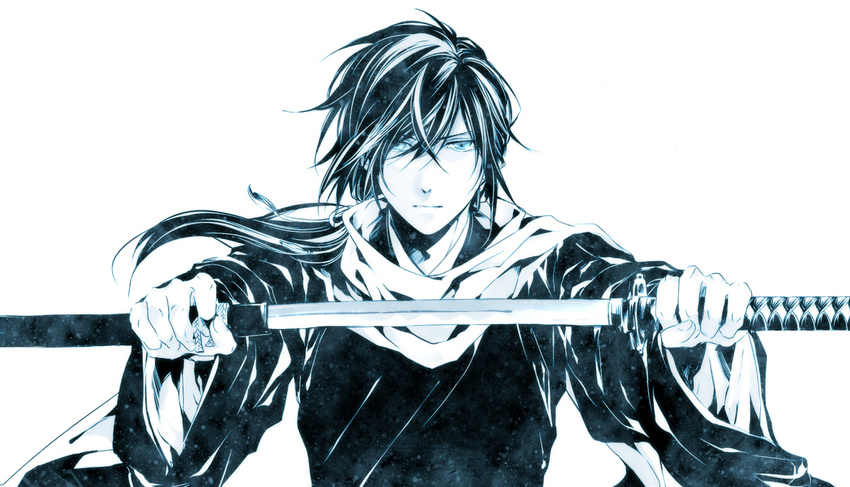 aoi_(artist) blue_eyes hakuouki_shinsengumi_kitan japanese_clothes male ponytail saitou_hajime samurai sword weapon