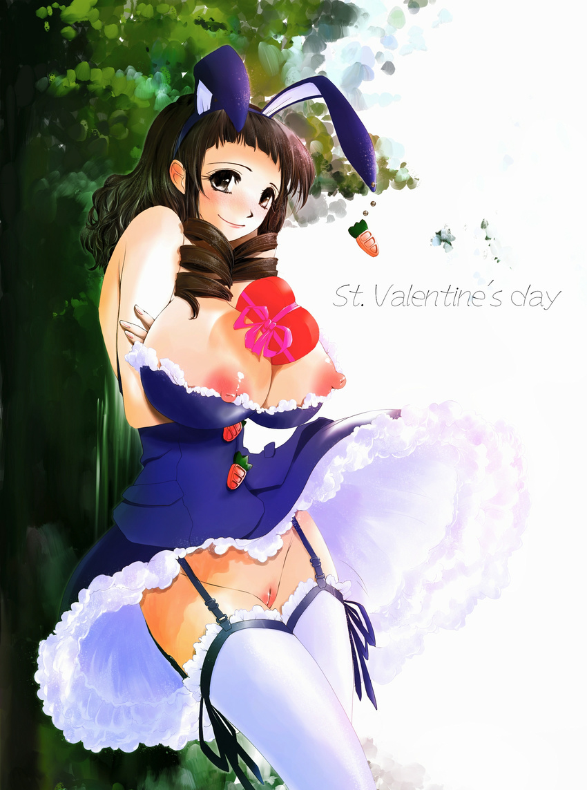 1girl animal_ears anns_garden bare_shoulders between_breasts blush breasts brown_eyes brown_hair bunny_ears cleavage english female garter_straps heart highres large_breasts long_hair looking_at_viewer nipples no_bra no_panties outdoors pussy skirt_lift smile solo text thighhighs uncensored valentine wind_lift