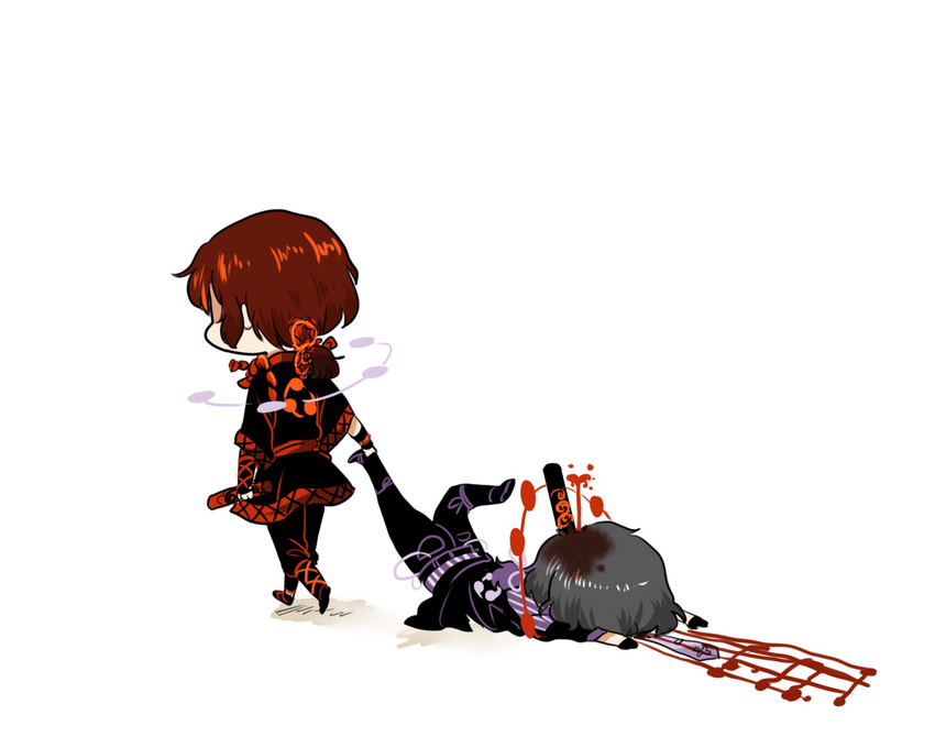 alternate_color black_hair blood blood_stain blood_trail dragging drumsticks dual_persona faceplant facing_away holding horikawa_raiko impaled injury leg_grab legs_up musical_note pulling red_hair shigureru staff_(music) touhou