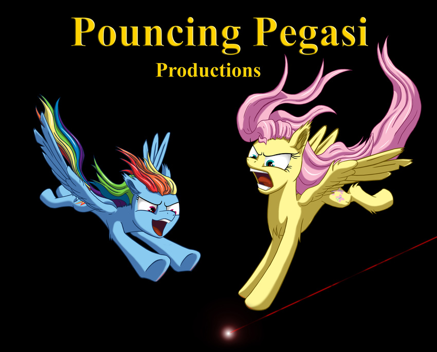 black_background blue_eyes cutie_mark english_text equine female feral fluttershy_(mlp) flying friendship_is_magic hair horse laser laser_pointer mammal multi-colored_hair my_little_pony pegasus pink_hair plain_background pony pounce purple_eyes rainbow_dash_(mlp) rainbow_hair starbat text wings