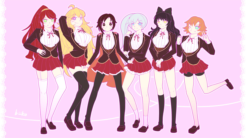 6+girls 6girls biiko blake_belladonna blonde_hair highres multiple_girls nora_valkyrie pyrrha_nikos red_hair ruby_rose rwby school_uniform smile thighhighs weiss_schnee yang_xiao_long