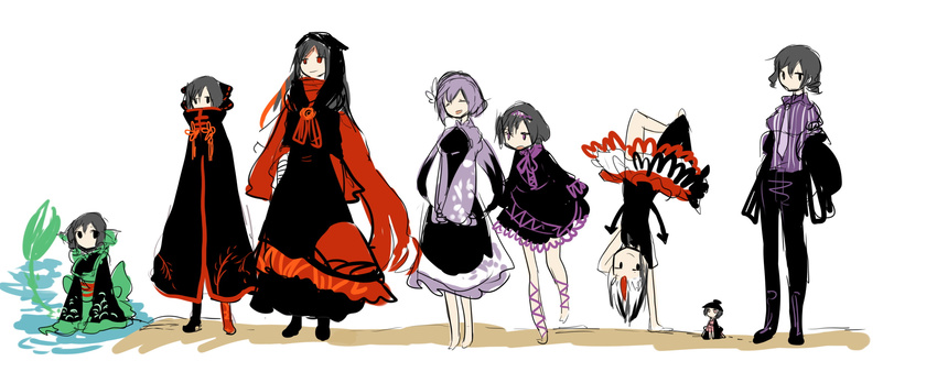 alternate_color black_eyes black_hair double_dealing_character hair_ribbon hairband handstand head_fins highres horikawa_raiko imaizumi_kagerou kijin_seija lavender_hair minigirl multicolored_hair multiple_girls purple_eyes red_eyes red_hair ribbon sekibanki shigureru streaked_hair sukuna_shinmyoumaru touhou tsukumo_benben tsukumo_yatsuhashi wakasagihime white_hair