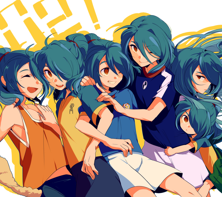 blue_hair child hair_over_one_eye highres inazuma_eleven inazuma_eleven_(series) inazuma_japan inazuma_legend_japan kazemaru_ichirouta long_hair male_focus miyukiyo multiple_boys multiple_persona older ponytail raimon raimon_soccer_uniform red_eyes smile soccer_uniform sportswear time_paradox younger