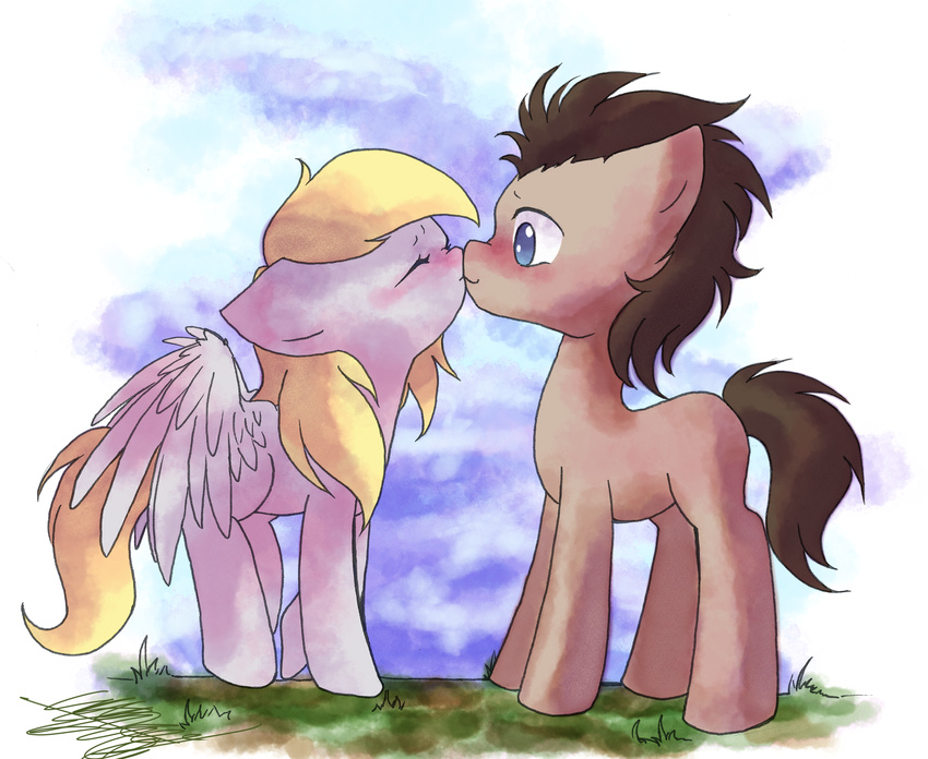 blonde_hair blue_eyes blush brown_hair cloud cutie_mark derpy_hooves_(mlp) doctor_whooves_(mlp) duo equine eyes_closed female feral friendship_is_magic fur grey_fur hair hi_res horse kissing long_hair male mammal midnameowfries my_little_pony pegasus pony sky smile standing wings