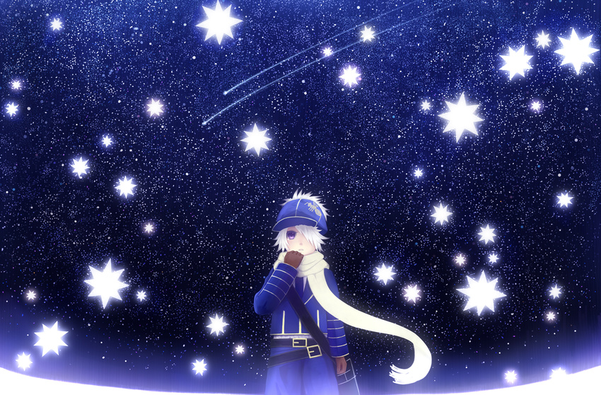 arm_at_side bad_id bad_pixiv_id bag belt brown_gloves buckle cowboy_shot gloves hat highres lag_seeing long_sleeves looking_at_viewer male_focus purple_eyes sakimori_(hououbds) scarf snowflakes solo standing star starry_background tears tegami_bachi uniform