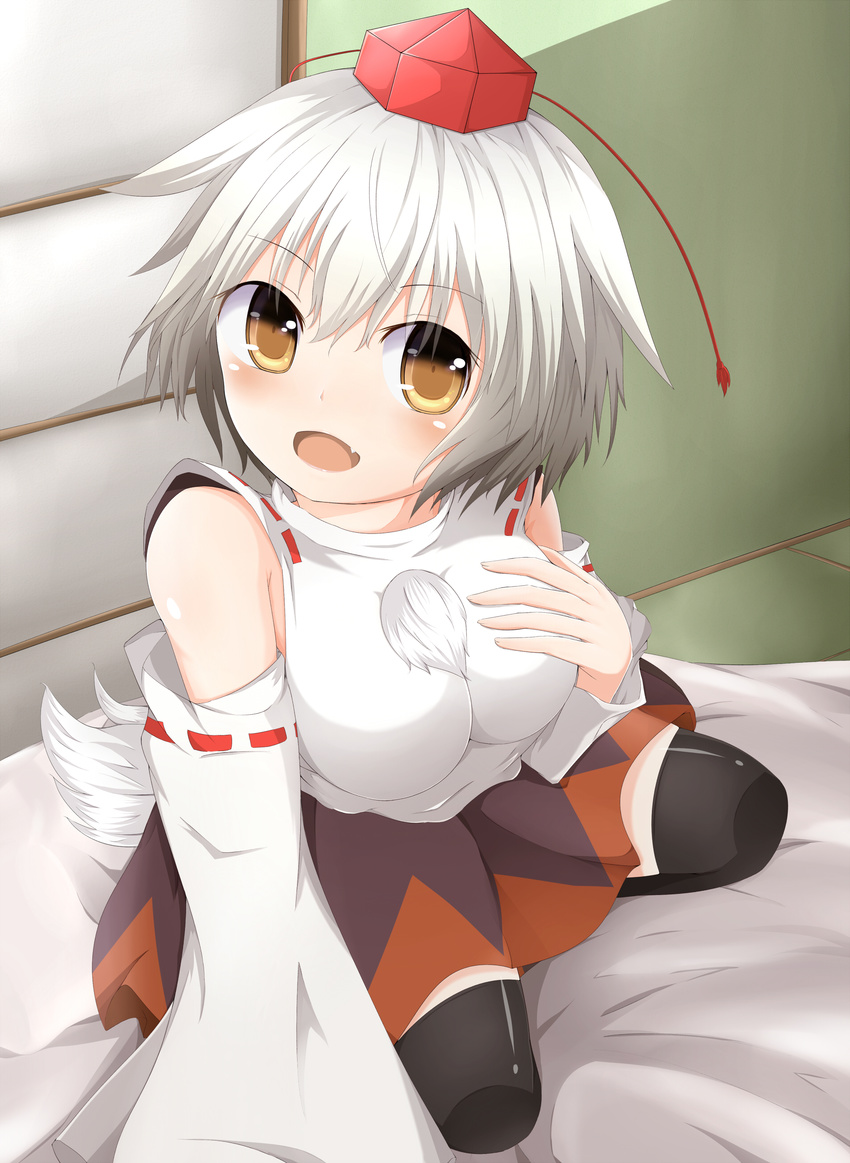 absurdres bad_id bad_pixiv_id bare_shoulders black_legwear blush breasts detached_sleeves fang from_above hand_on_own_chest hat highres impossible_clothes impossible_shirt inubashiri_momiji large_breasts masa_masa shirt sitting solo tail thighhighs tokin_hat touhou white_hair wolf_tail yellow_eyes yokozuwari