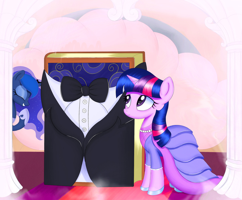 blue_hair book bow_tie crown dress equine eyes_closed female feral friendship_is_magic fur hair horn kas92 long_hair mammal multi-colored_hair my_little_pony open_mouth princess_luna_(mlp) purple_eyes purple_hair royalty smile twilight_sparkle_(mlp) unicorn winged_unicorn wings