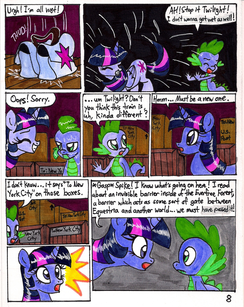 bag box comic crate cutie_mark dialog directional_arrow dragon duo english_text equine female feral friendship_is_magic green_eyes hair horn horse male mammal marker_(art) mixed_media my_little_pony newyorkx3 pen_(art) pony purple_eyes purple_hair saddle_bag scalie shake shaking spike_(mlp) text traditional_media twilight_sparkle_(mlp) water wet winged_unicorn wings