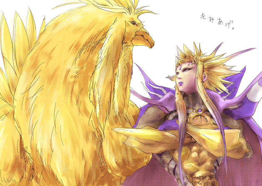 alternate_hairstyle armor blonde_hair cape chocobo crossed_arms crossover elsass emperor_(ff2) eye_contact final_fantasy final_fantasy_ii final_fantasy_xiii gradient_hair horns lips lipstick look-alike looking_at_another looking_up makeup male_focus multicolored_hair parted_lips purple_hair translated white_background