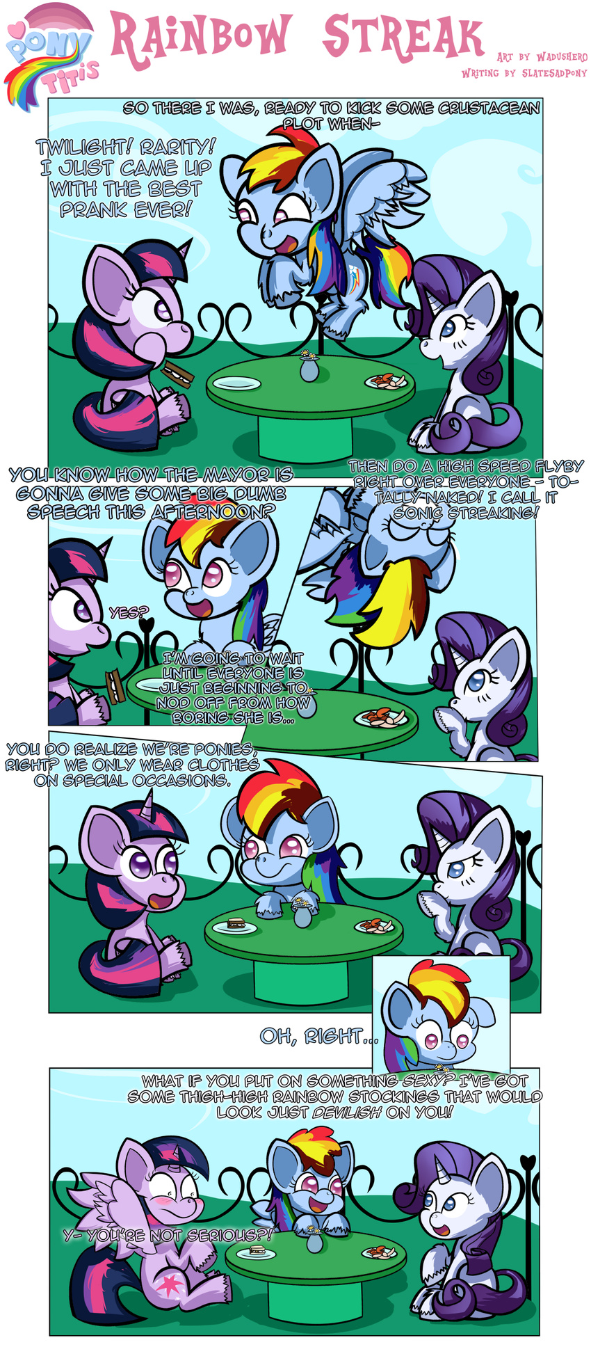 blue_fur blush comic cutie_mark dialog english_text equine female feral food friendship_is_magic fur hair horn horse long_hair mammal multi-colored_hair my_little_pony open_mouth outside pegasus pony purple_eyes purple_hair rainbow_dash_(mlp) rainbow_hair rarity_(mlp) sitting smile table text tongue twilight_sparkle_(mlp) unicorn wadusher0 white_fur winged_unicorn wings