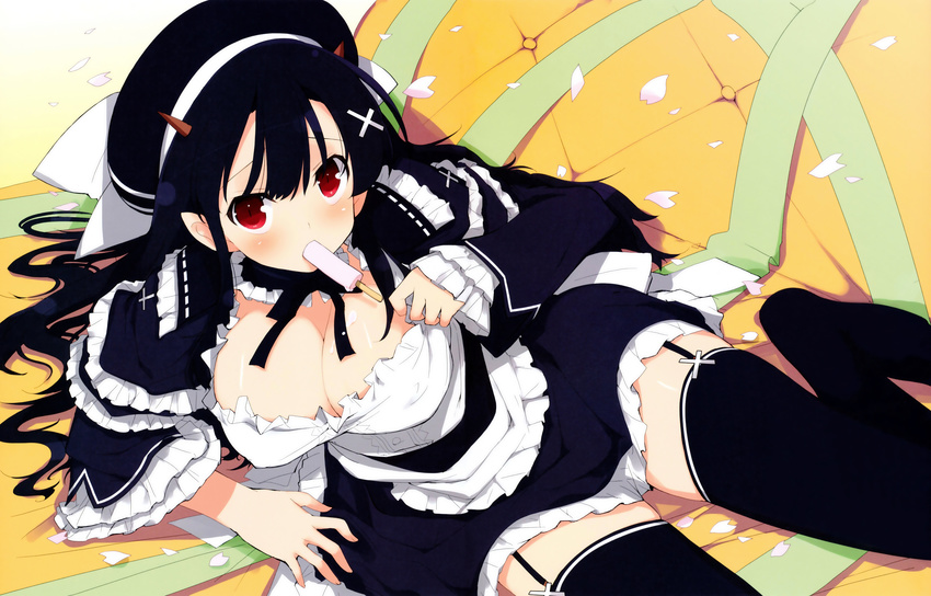 absurdres black_hair black_legwear breasts cherry_blossoms cleavage dress food food_on_body frills garter_straps gothic_lolita hair_ornament hat highres horns large_breasts lolita_fashion long_hair looking_at_viewer lying metal_gear_(series) metal_gear_rising:_revengeance mouth_hold official_art petals pointy_ears popsicle red_eyes scan solo thighhighs yaegashi_nan