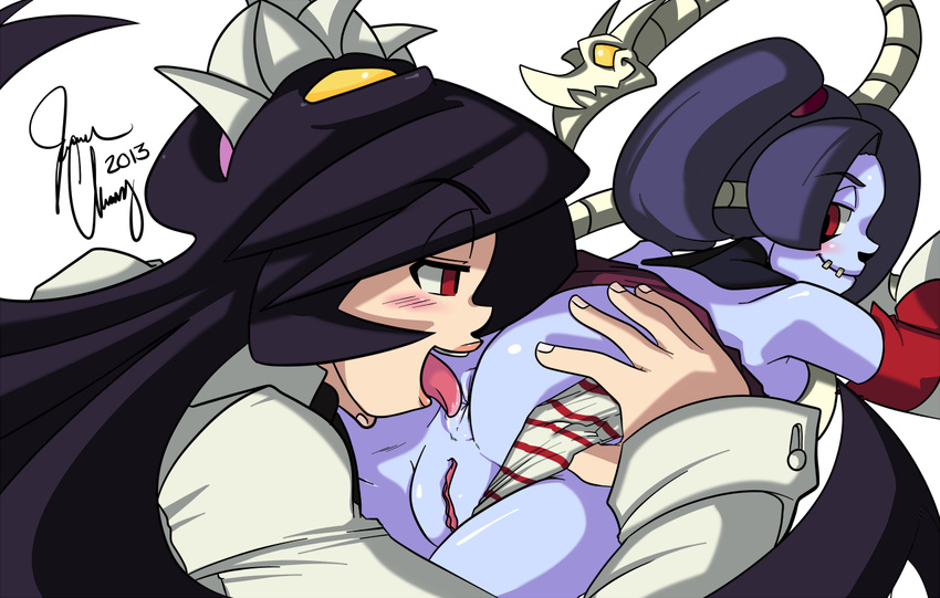 anilingus ass bent_over black_hair blue_hair blue_skin blush detached_collar detached_sleeves extra_mouth filia_(skullgirls) futakuchi-onna hair_over_one_eye leviathan_(skullgirls) lips long_hair multiple_girls panties panties_aside pussy radlionheart red_eyes samson_(skullgirls) school_uniform side_ponytail signature skullgirls smile source_request squigly_(skullgirls) stitched_mouth stitches striped striped_panties striped_sleeves tongue tongue_out uncensored underwear yellow_eyes yuri zombie