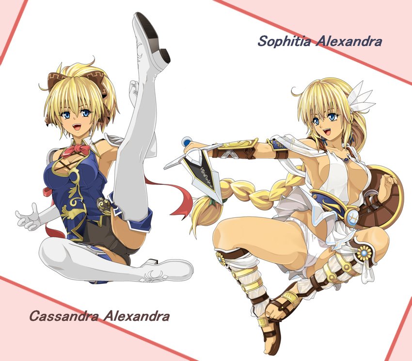 bare_shoulders basuchian blonde_hair blue_eyes boots bow braid breasts cassandra_alexandra character_name cleavage earrings elbow_gloves gloves hair_bow highres jewelry medium_breasts multiple_girls panties shield shoulder_pads siblings single_braid sisters sophitia_alexandra soulcalibur soulcalibur_iv sword thigh_boots thighhighs underwear weapon white_panties