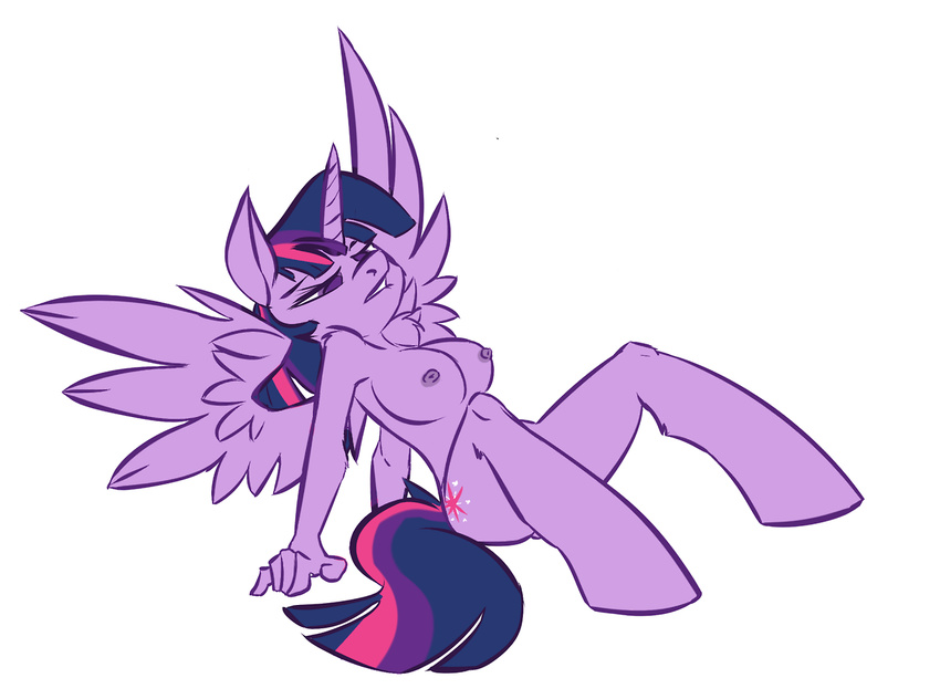 anthrofied biting_lip breasts cider cutie_mark equine female friendship_is_magic frumplechuck fur hair horn horse leaning leaning_back mammal multi-colored_hair my_little_pony nipples nude plain_background purple_eyes purple_fur sitting solo twilight_sparkle_(mlp) winged_unicorn wings