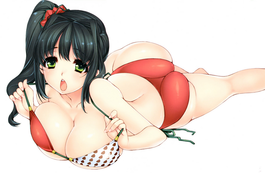 :o absurdres ass bangs bare_legs bare_shoulders barefoot bikini black_hair breasts cleavage collarbone fingernails green_eyes hair_intakes highres huge_breasts long_fingernails long_hair looking_at_viewer lying on_stomach open_mouth original scan scrunchie side-tie_bikini side_ponytail simple_background solo strap_pull sumeragi_kohaku swimsuit white_background