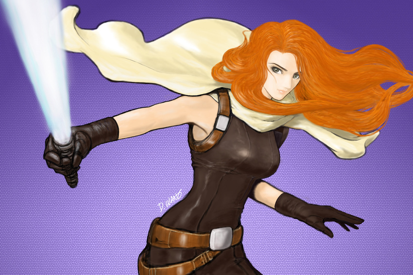 artist_name belt black_gloves breasts cape d._wang energy_sword eyebrows eyelashes gloves grey_eyes highres large_breasts lightsaber lips long_hair mara_jade nose orange_hair sleeveless slender_waist solo star_wars sword unitard weapon