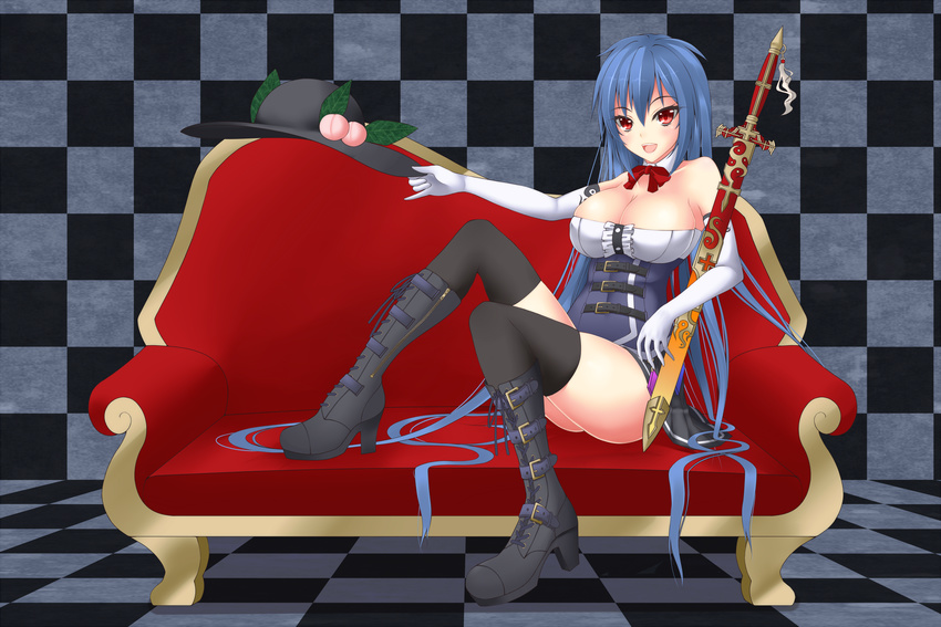 alternate_costume bare_shoulders black_legwear blue_hair boots breasts gmot hat hat_ribbon highres hinanawi_tenshi large_breasts long_hair red_eyes ribbon sheath sheathed sitting solo sword thighhighs touhou very_long_hair weapon