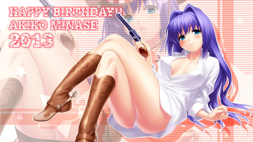 blue_eyes blush boots braid breasts cowboy_boots gun handgun highres holding kanon long_hair mature medium_breasts minase_akiko naked_shirt panties revolver shirt single_braid smile solo spurs underwear weapon white_panties zen zoom_layer