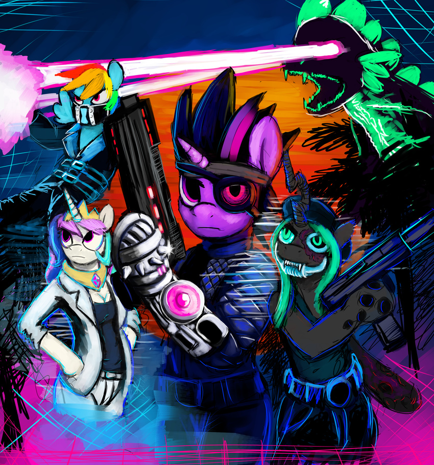 black_body blood_dragon blooddragon blue_fur blue_hair changeling crossover crown cyberpunk dragon equine fangs far_cry_3:_blood_dragon female feral friendship_is_magic fur gordonfreeguy green_eyes green_hair group gun hair hat holes horn laser long_hair looking_at_viewer mammal multi-colored_hair my_little_pony pegasus princess_celestia_(mlp) prosthetic_arm prosthetic_limb purple_eyes purple_fur queen_chrysalis_(mlp) rainbow_dash_(mlp) rainbow_hair ranged_weapon royalty scalie spike_(mlp) teeth twilight_sparkle_(mlp) video_games weapon white_fur winged_unicorn wings