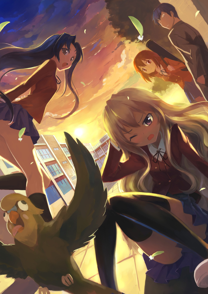 3girls aisaka_taiga bent_over feathers highres inko kawashima_ami kushieda_minori ldld2 looking_back multiple_girls one_eye_closed oohashi_high_school_uniform school_uniform sky sun sunset takasu_ryuuji thighhighs toradora!