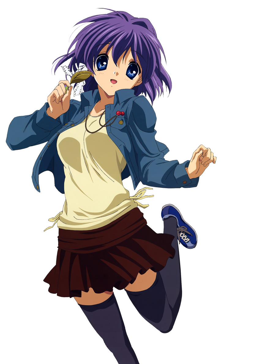 blue_eyes casual clannad fujibayashi_ryou highres kawanami_eisaku purple_hair short_hair solo thighhighs transparent_background