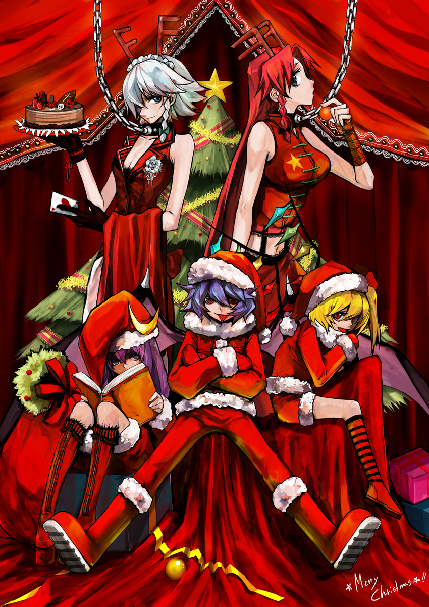 :p antlers blonde_hair blue_eyes blue_hair book boots braid breasts cake chain christmas christmas_tree cleavage crossed_arms fang flandre_scarlet food gloves hair_over_one_eye hat highres hong_meiling izayoi_sakuya knee_boots kneehighs large_breasts long_hair medium_breasts midriff multiple_girls navel one_side_up pastry patchouli_knowledge purple_eyes purple_hair reading red_eyes red_hair remilia_scarlet santa_costume santa_hat short_hair smile socks spread_legs striped tima tongue tongue_out touhou very_long_hair white_hair wings wreath