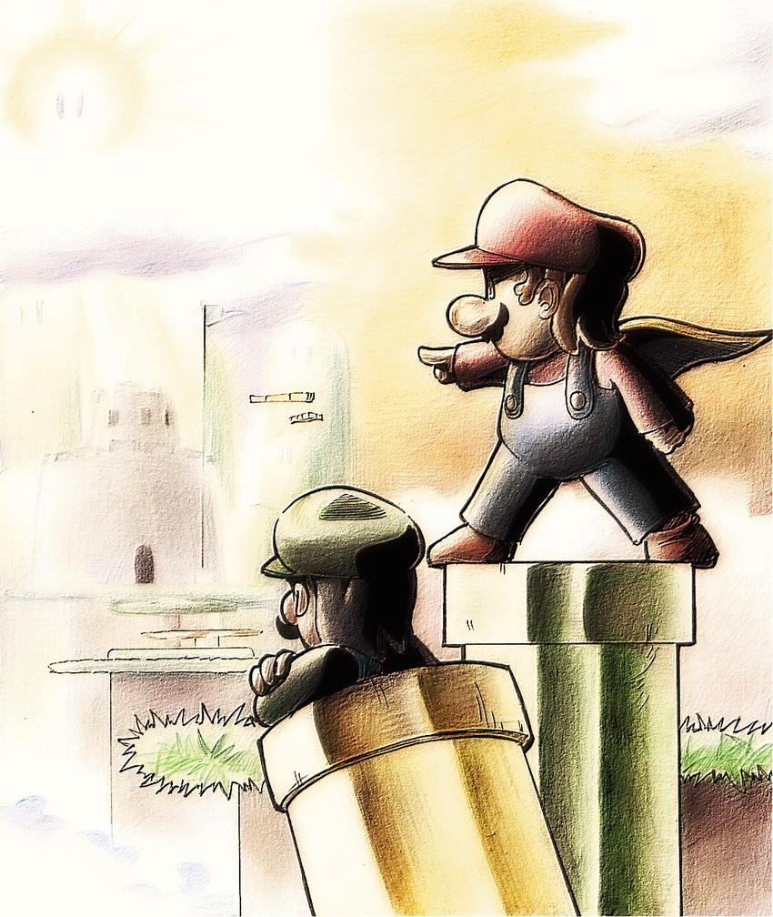 artist_request brown_hair cape facial_hair gloves hat highres luigi mario mario_(series) multiple_boys mustache overalls siblings super_mario_bros. warp_pipe