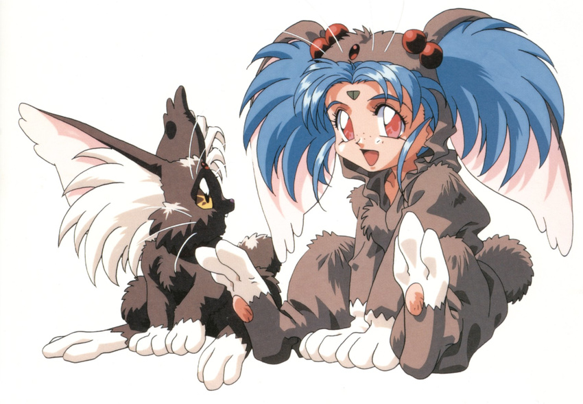 90s blue_hair cabbit facial_mark forehead_mark freckles highres kajishima_masaki masaki_sasami_jurai pink_eyes ryou-ouki solo tail tenchi_muyou!