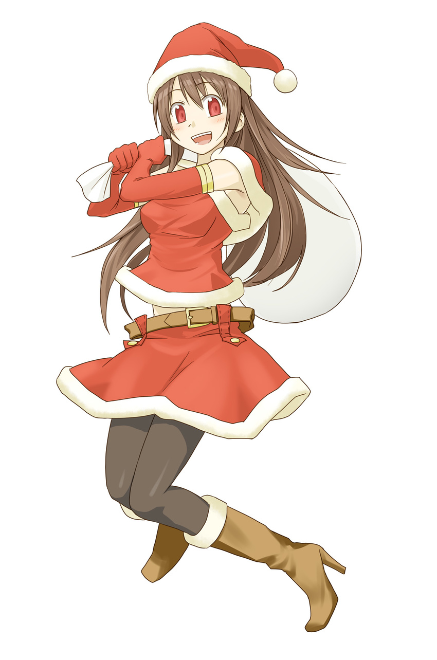 :d amagai_tarou belt blush boots brown_hair christmas copyright_request elbow_gloves full_body gloves hat high_heels highres long_hair open_mouth pantyhose red_eyes red_gloves sack santa_costume santa_hat shoes simple_background skirt smile solo