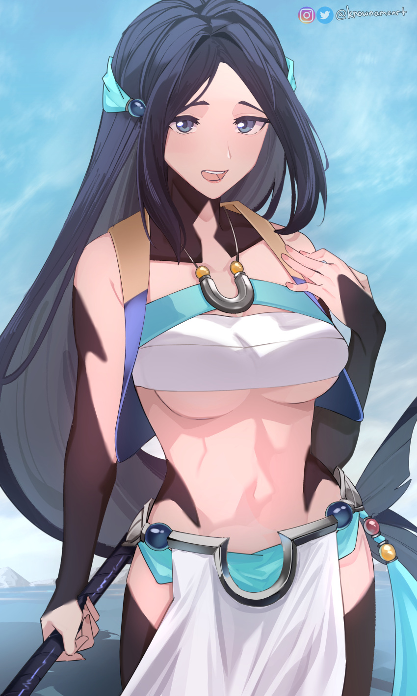 1girl :d absurdres artist_name bare_arms bilingual_commentary blue_eyes blue_sky body_markings breasts chest_sarashi cloud cloudy_sky commentary cowboy_shot hand_on_own_chest hand_up highres holding holding_harpoon holding_weapon instagram_logo instagram_username jewelry knowname large_breasts long_hair looking_at_viewer mixed-language_commentary navel necklace ocean open_mouth outdoors parted_bangs pink_nails sadina_(tate_no_yuusha_no_nariagari) sarashi sky smile solo stomach tail-shaped_hair tate_no_yuusha_no_nariagari teeth toned toned_female tongue twitter_logo twitter_username underboob upper_teeth_only watermark weapon white_loincloth wide_hips