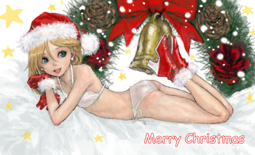 bad_id bad_pixiv_id bikini blonde_hair blue_eyes breasts christmas copyright_request gloves hat lying open_mouth pon santa_hat short_hair side-tie_bikini small_breasts smile snow solo swimsuit