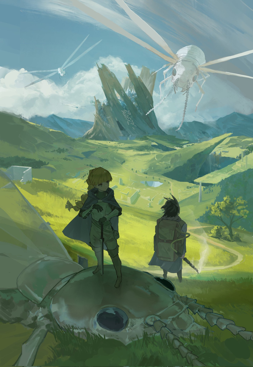 1boy 1girl ant antennae armor backpack bag black_hair blonde_hair blue_cape boots breastplate bug cape city coat day fantasy gauntlets grass highres hill insect_wings kuthi0510 landscape mountain multi-tied_hair original outdoors oversized_bug pesticide planted planted_sword ruins scenery sky standing sword thigh_boots weapon wings