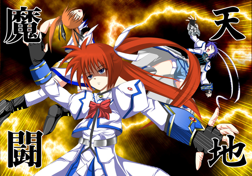 &gt;_&lt; belt blue_hair bow closed_eyes dragon_quest dragon_quest_dai_no_daibouken fingerless_gloves gloves headband jacket long_hair lyrical_nanoha magical_girl mahou_shoujo_lyrical_nanoha midriff multiple_girls open_clothes open_jacket orange_hair purple_eyes red_bow red_hair short_hair skirt subaru_nakajima takamachi_nanoha teana_lanster translation_request tsuki_no_alice twintails waist_cape white_devil