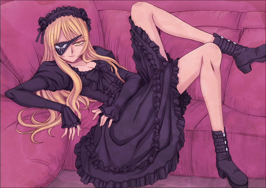 blonde_hair boots couch dress eyepatch gothic gothic_lolita leg_up lolita_fashion long_hair lying orebalgum original solo yellow_eyes