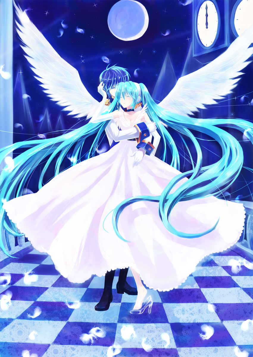 1girl aqua_hair bad_id bad_pixiv_id cendrillon_(vocaloid) feathers hatsune_miku highres kaito kanjuku_pain long_hair moon very_long_hair vocaloid wings