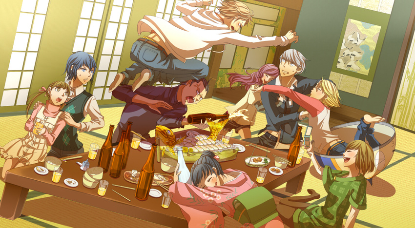 5girls :o alternate_costume amagi_yukiko androgynous black_hair blonde_hair blue_hair brown_hair building doujima_nanako drunk dutch_angle eating eeteru everyone hanamura_yousuke house indoors kujikawa_rise kuma_(persona_4) long_hair long_sleeves looking_up multiple_boys multiple_girls narukami_yuu open_mouth persona persona_4 plate satonaka_chie shirogane_naoto short_hair silver_hair table tatami tatsumi_kanji twintails