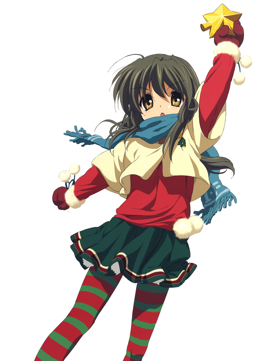 brown_eyes clannad green_legwear highres ibuki_fuuko long_hair mittens pantyhose red_legwear scarf silver_hair solo striped striped_legwear takahashi_mariko transparent_background