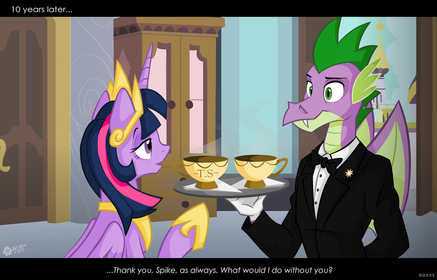 anthro anthrofied bow_tie butler canterlot cat_eyes crown cup dialog dragon duo english_text equine eye_contact fangs female feral friendship_is_magic gold green_eyes hair half-closed_eyes horn inside male mammal multi-colored_hair my_little_pony necklace plate princess purple_hair royalty scalie shoes slit_pupils spike_(mlp) steam text tuxedo twilight_sparkle_(mlp) wardrobe winged_unicorn wings wolfjedisamuel