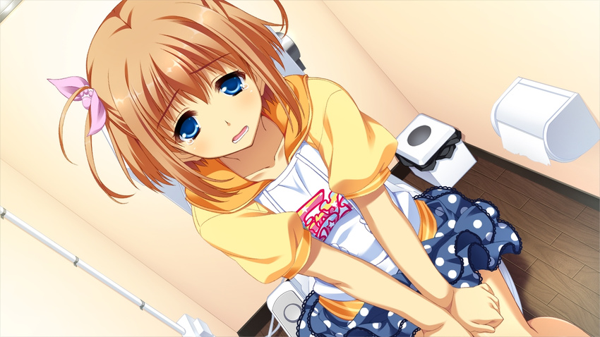 1girl bathroom blue_eyes brown_hair game_cg narumi_suzune shijo_yuki toilet tojita_sekai_no_tori_colony