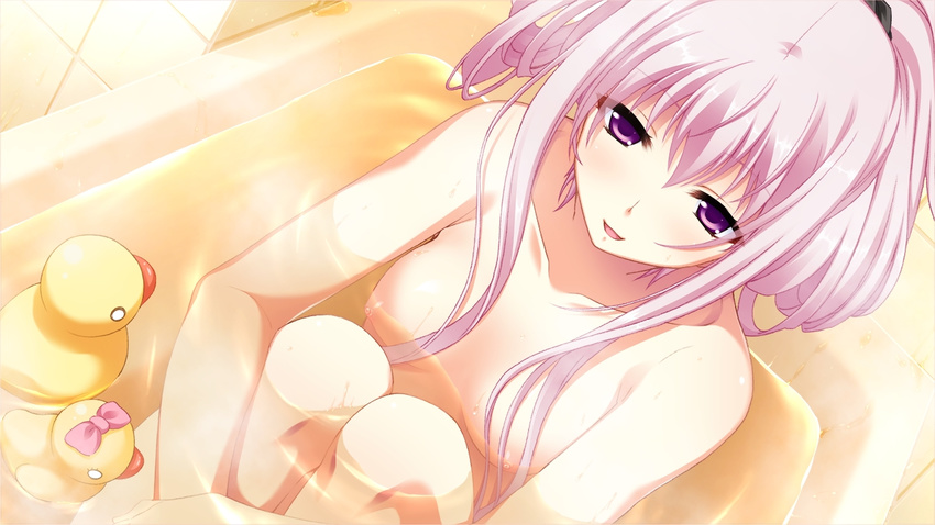 1girl bath game_cg miyamori_korone narumi_suzune purple_eyes purple_hair small_breasts tojita_sekai_no_tori_colony water