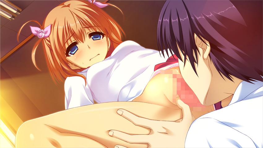 1girl blue_eyes brown_hair censored game_cg gym_uniform narumi_suzune shijo_yuki tojita_sekai_no_tori_colony