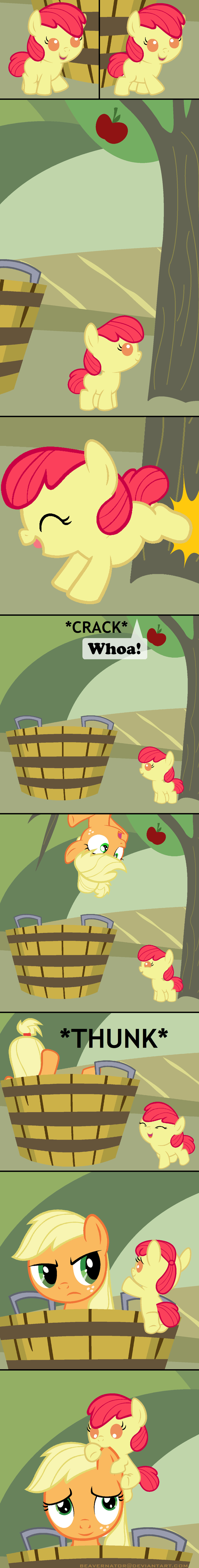 applejack_(mlp) appletree beavernator blonde_hair bucket comic cub equine female feral freckles friendship_is_magic frown fruit fur green_eyes hair horse mammal my_little_pony open_mouth orange_fur outside pony red_hair smile spreading tongue tree upside_down young